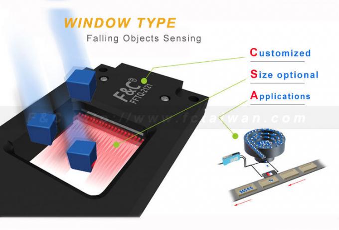 Sensore per il rilevamento di oggetti cadenti riflettente a fascio passante a finestra con sensore a fibra ottica da 120 mm